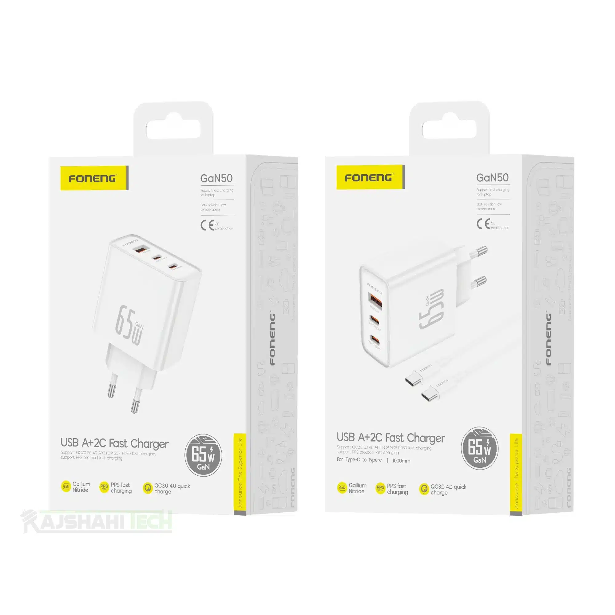 Foneng GaN50 EU 65w 3 Port Fast Charging Adapter With Type C Cable